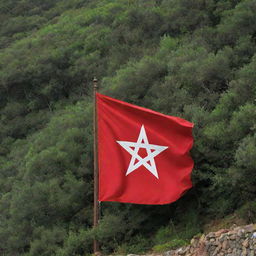 The Moroccan flag proudly displayed on a sea-facing wall, contrasting with a green forest on the side. The rich deep red and the green pentagram of the flag create a striking visual against the natural backdrop.