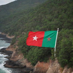 The Moroccan flag proudly displayed on a sea-facing wall, contrasting with a green forest on the side. The rich deep red and the green pentagram of the flag create a striking visual against the natural backdrop.