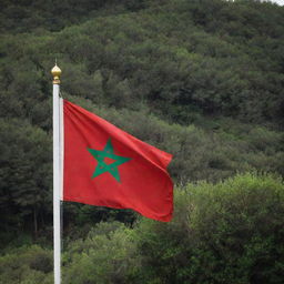 The Moroccan flag proudly displayed on a sea-facing wall, contrasting with a green forest on the side. The rich deep red and the green pentagram of the flag create a striking visual against the natural backdrop.