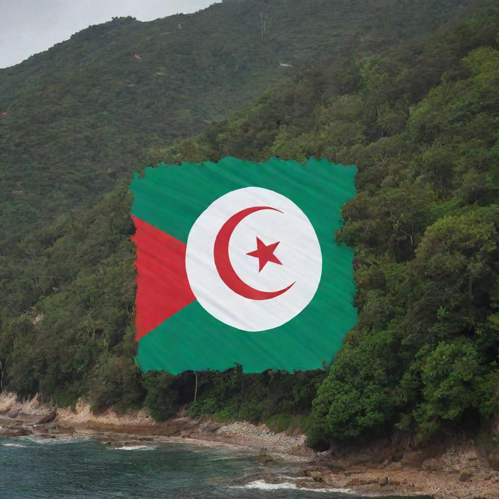 Captivating scene of the Algerian flag, with its vibrant green, white, and red emblem, painted on a sea-facing wall beside a verdant forest.