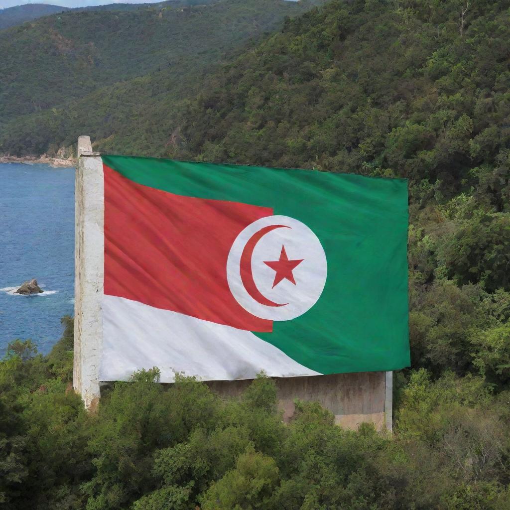 Captivating scene of the Algerian flag, with its vibrant green, white, and red emblem, painted on a sea-facing wall beside a verdant forest.