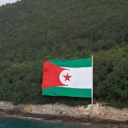 Captivating scene of the Algerian flag, with its vibrant green, white, and red emblem, painted on a sea-facing wall beside a verdant forest.