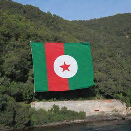 Captivating scene of the Algerian flag, with its vibrant green, white, and red emblem, painted on a sea-facing wall beside a verdant forest.