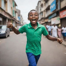 An energetic dark-skinned boy exuberantly racing down a bustling street in Lagos, joy in his eyes, with colorful Nigerian currency fluttering in his hands.