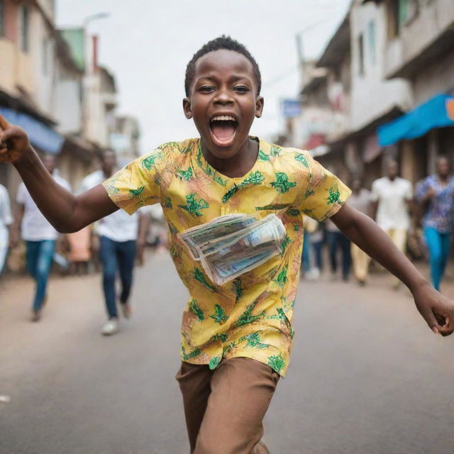 An energetic dark-skinned boy exuberantly racing down a bustling street in Lagos, joy in his eyes, with colorful Nigerian currency fluttering in his hands.