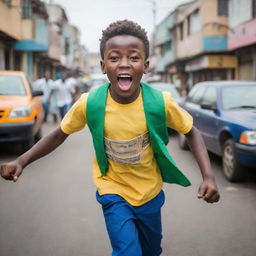 An energetic dark-skinned boy exuberantly racing down a bustling street in Lagos, joy in his eyes, with colorful Nigerian currency fluttering in his hands.