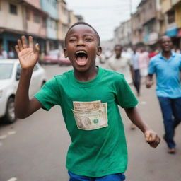 An energetic dark-skinned boy exuberantly racing down a bustling street in Lagos, joy in his eyes, with colorful Nigerian currency fluttering in his hands.