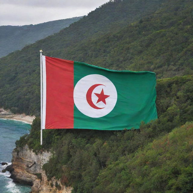 An Algerian flag painted on a wall overlooking the sea, with a lush forest on the side, blending the flag’s green, white, and red colors with the beauty of nature.