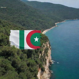 An Algerian flag painted on a wall overlooking the sea, with a lush forest on the side, blending the flag’s green, white, and red colors with the beauty of nature.