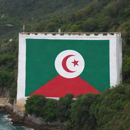 An Algerian flag painted on a wall overlooking the sea, with a lush forest on the side, blending the flag’s green, white, and red colors with the beauty of nature.