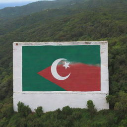 An Algerian flag painted on a wall overlooking the sea, with a lush forest on the side, blending the flag’s green, white, and red colors with the beauty of nature.