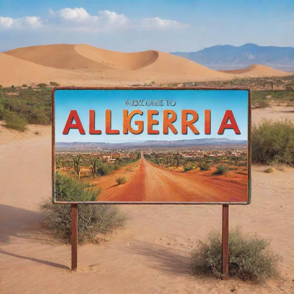 A warm 'Welcome to Algeria' sign, in bold and vibrant colors, placed amidst a stunning landscape featuring cityscapes, desert dunes, and verdant countryside.