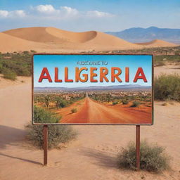 A warm 'Welcome to Algeria' sign, in bold and vibrant colors, placed amidst a stunning landscape featuring cityscapes, desert dunes, and verdant countryside.