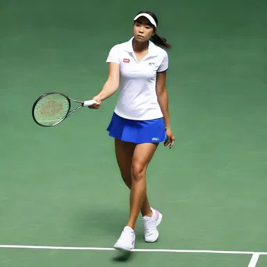 The fashion-forward badminton player held her battledore with a stylish grip, matching the colors of her outfit.