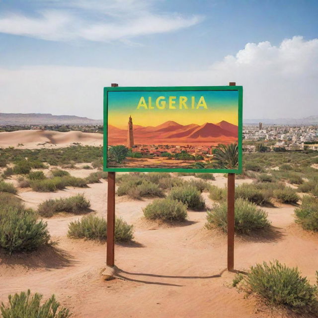 A warm 'Welcome to Algeria' sign, in bold and vibrant colors, placed amidst a stunning landscape featuring cityscapes, desert dunes, and verdant countryside.