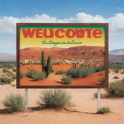 A warm 'Welcome to Algeria' sign, in bold and vibrant colors, placed amidst a stunning landscape featuring cityscapes, desert dunes, and verdant countryside.