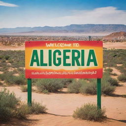 A warm 'Welcome to Algeria' sign, in bold and vibrant colors, placed amidst a stunning landscape featuring cityscapes, desert dunes, and verdant countryside.