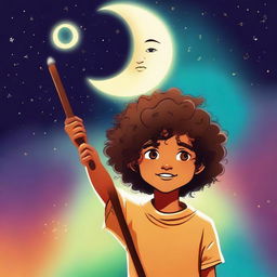 This is a high-quality digital art image featuring a boy with curly hair and tan skin