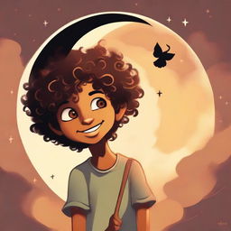 This is a high-quality digital art image featuring a boy with curly hair and tan skin