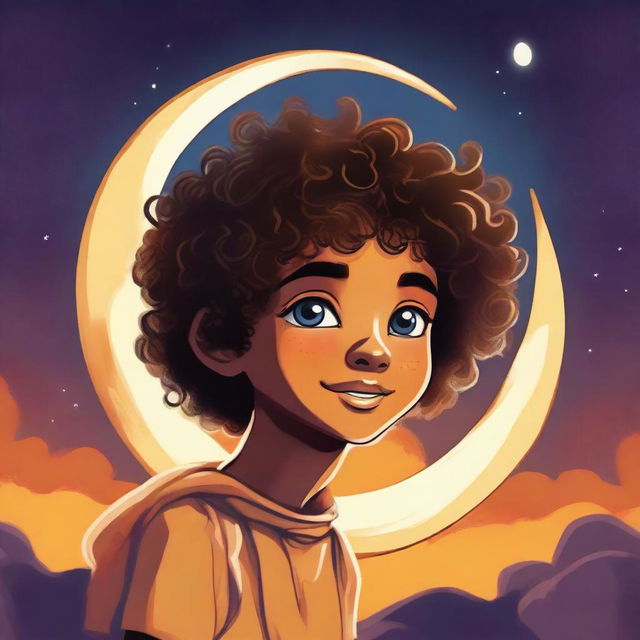 This is a high-quality digital art image featuring a boy with curly hair and tan skin