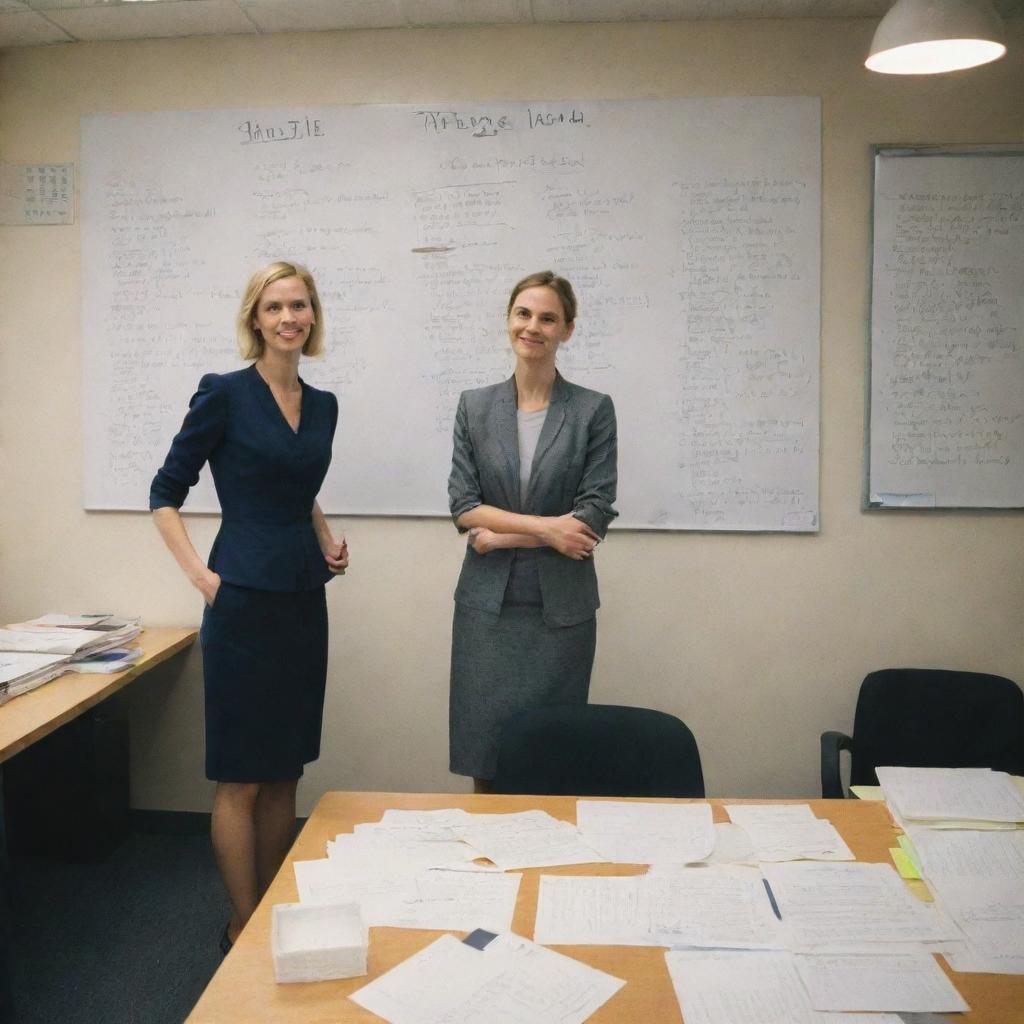 A tall, slim woman standing in a well-equipped office, near a table strewn with writing materials. Prominently inscribed on the wall is 'HUSTLE HARD'.