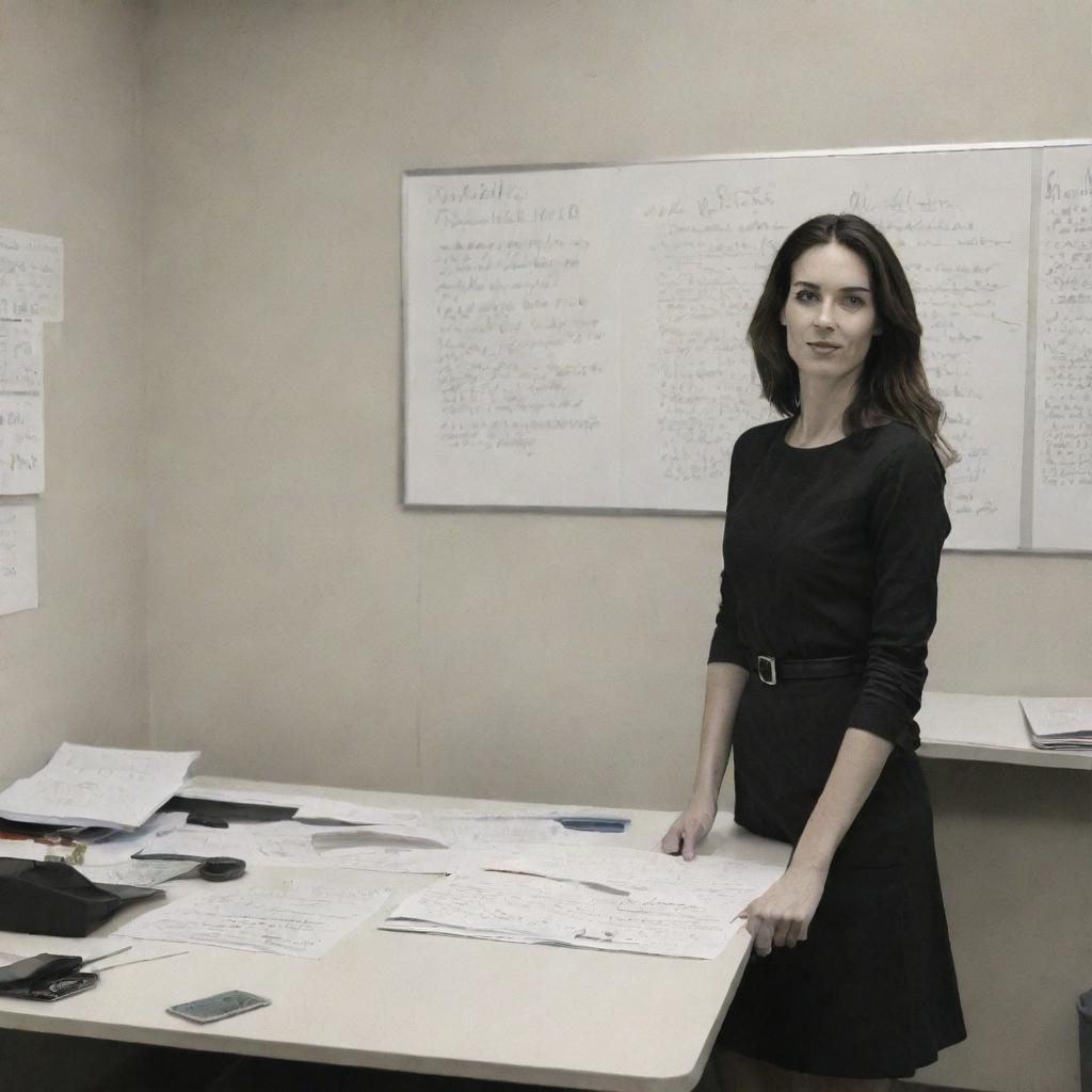 A tall, slim woman standing in a well-equipped office, near a table strewn with writing materials. Prominently inscribed on the wall is 'HUSTLE HARD'.