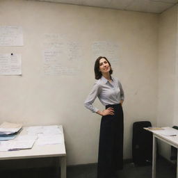 A tall, slim woman standing in a well-equipped office, near a table strewn with writing materials. Prominently inscribed on the wall is 'HUSTLE HARD'.