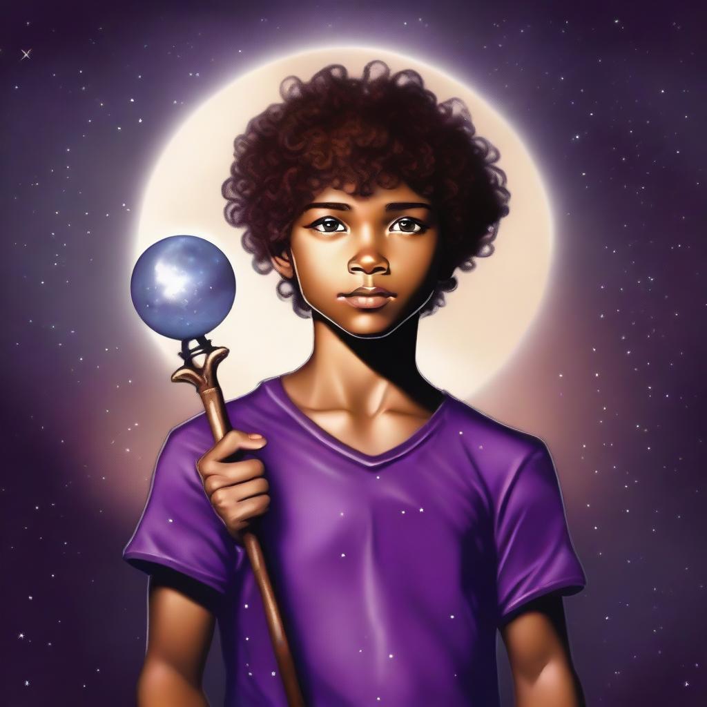 This is a high-quality digital art image depicting a boy with short curly hair and tan skin