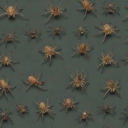 Intricate and highly detailed images of various Arachnida (spiders), each showcasing different species with unique forms, colors, and habitats.