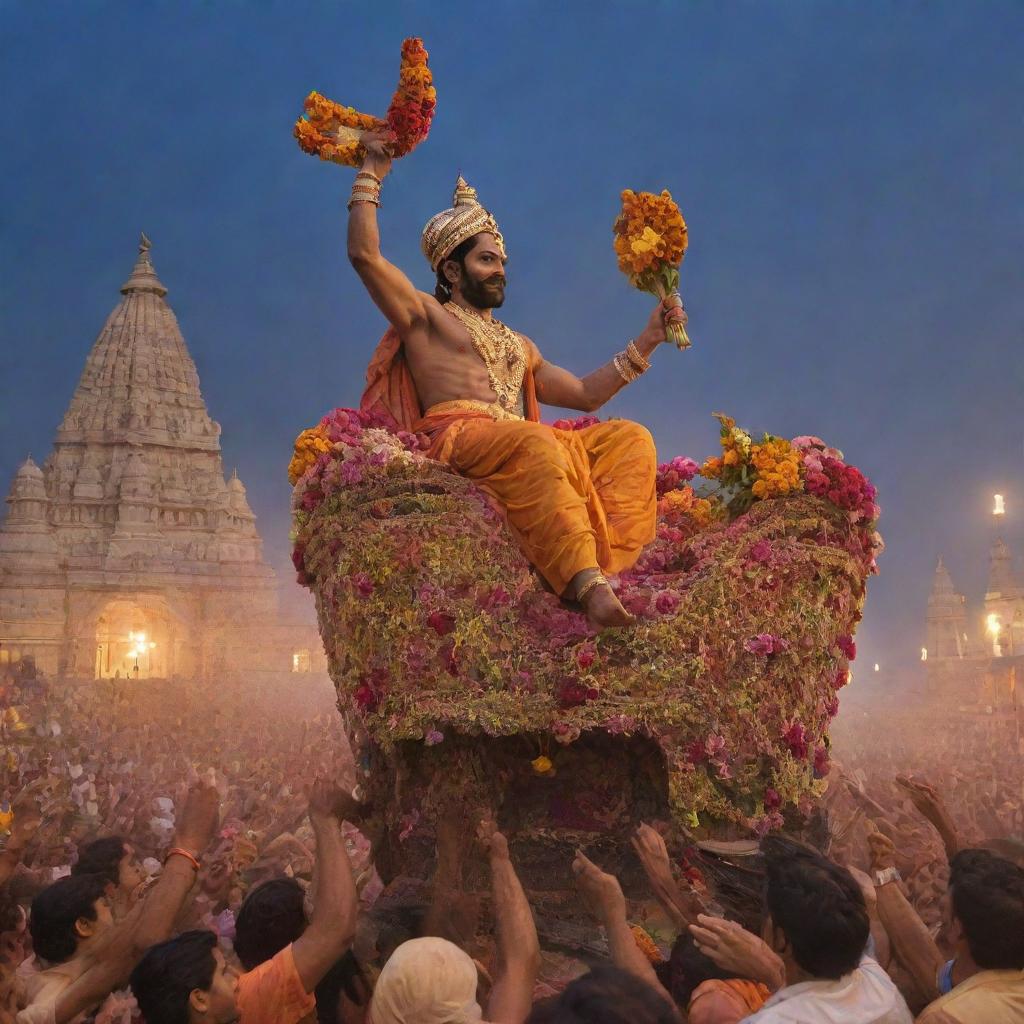 Shree Ram triumphantly returning to Ayodhya, India. He's in a chariot, crowd cheering and showering flowers, with finely decorated buildings and a serene evening sky in the background.