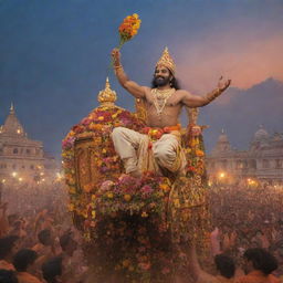 Shree Ram triumphantly returning to Ayodhya, India. He's in a chariot, crowd cheering and showering flowers, with finely decorated buildings and a serene evening sky in the background.