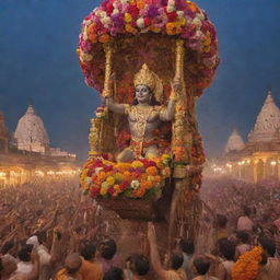 Shree Ram triumphantly returning to Ayodhya, India. He's in a chariot, crowd cheering and showering flowers, with finely decorated buildings and a serene evening sky in the background.