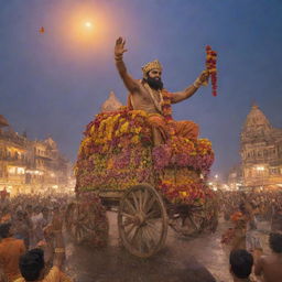 Shree Ram triumphantly returning to Ayodhya, India. He's in a chariot, crowd cheering and showering flowers, with finely decorated buildings and a serene evening sky in the background.