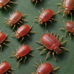 A vivid, macro-level representation of Acarina(mites and ticks), illustrating their distinctive physical features, texture, and surroundings.