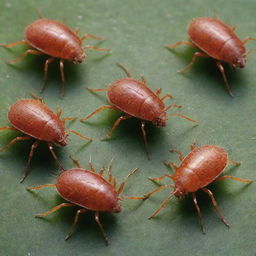 A vivid, macro-level representation of Acarina(mites and ticks), illustrating their distinctive physical features, texture, and surroundings.