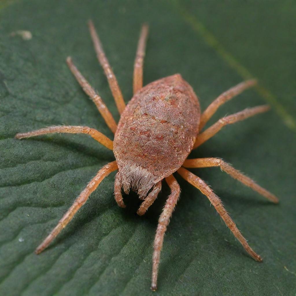 A highly detailed and magnified image of Tetranychus Urticae (the two-spotted spider mite), showcasing its distinct features, colorings, and its habitat on a plant leaf.