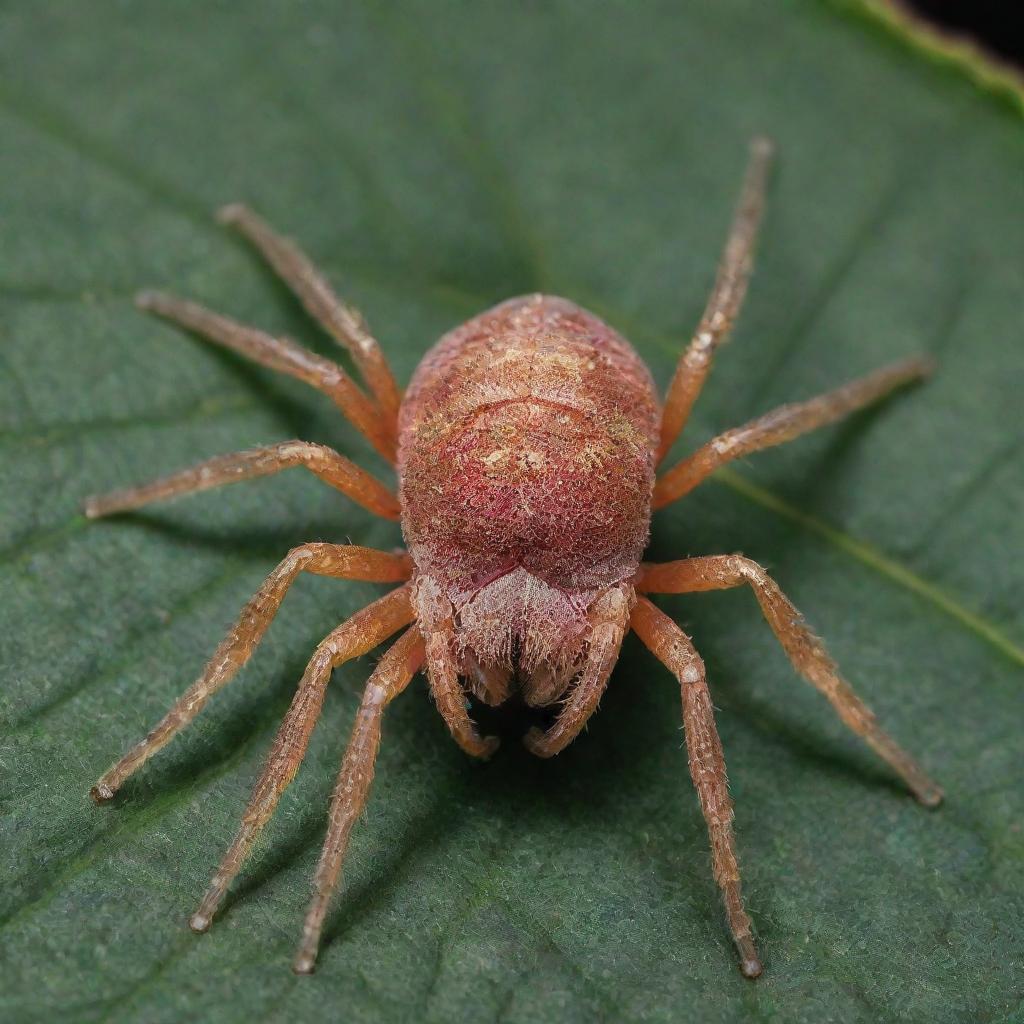 A highly detailed and magnified image of Tetranychus Urticae (the two-spotted spider mite), showcasing its distinct features, colorings, and its habitat on a plant leaf.