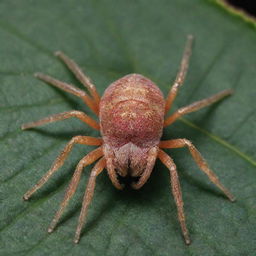 A highly detailed and magnified image of Tetranychus Urticae (the two-spotted spider mite), showcasing its distinct features, colorings, and its habitat on a plant leaf.