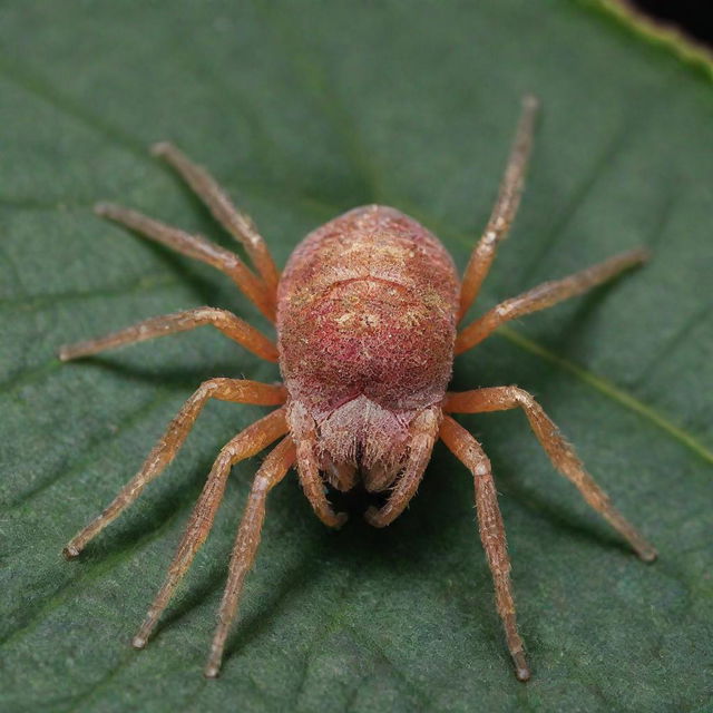 A highly detailed and magnified image of Tetranychus Urticae (the two-spotted spider mite), showcasing its distinct features, colorings, and its habitat on a plant leaf.