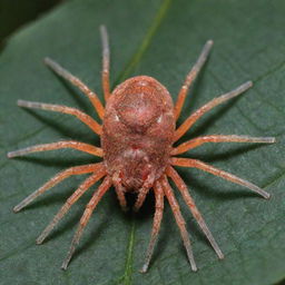 A highly detailed and magnified image of Tetranychus Urticae (the two-spotted spider mite), showcasing its distinct features, colorings, and its habitat on a plant leaf.