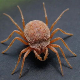 An ultra-detailed portrayal of a four-legged variation of Tetranychus Urticae (the two-spotted spider mite), emphasizing its distinct features and habitat.