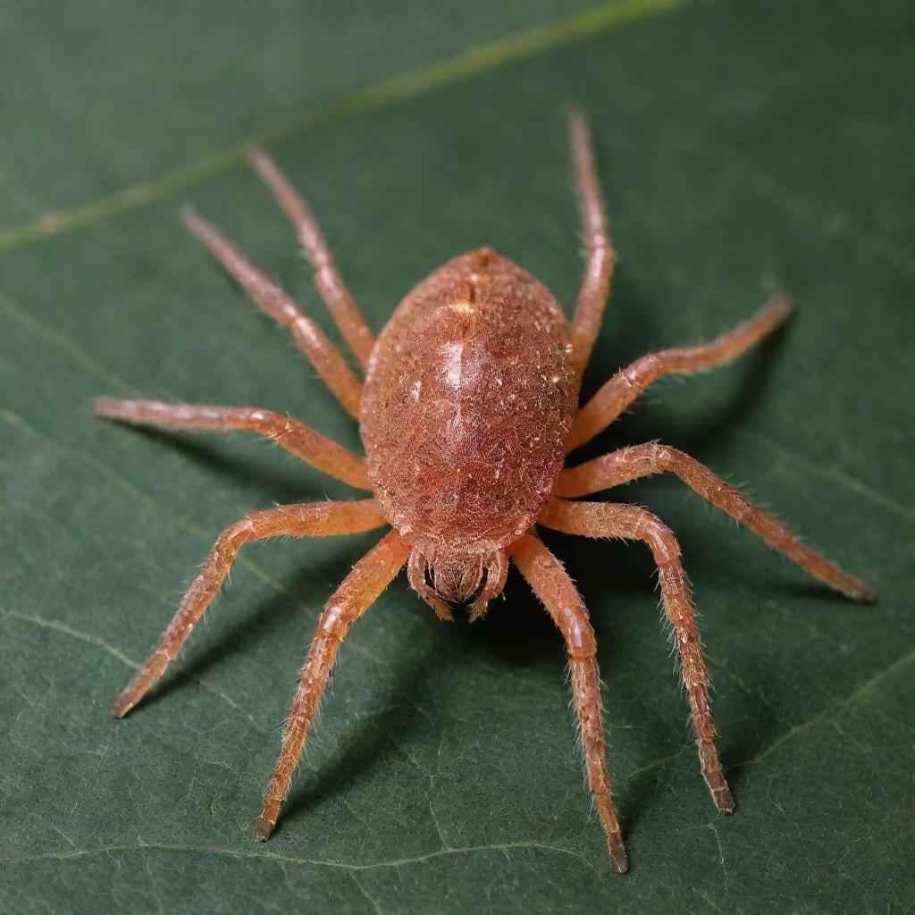 A highly detailed, magnified image of Tetranychus Urticae (the two-spotted spider mite) showcasing its distinct eight-legged form, textures, and natural environment on a leaf.