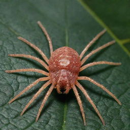 A highly detailed, magnified image of Tetranychus Urticae (the two-spotted spider mite) showcasing its distinct eight-legged form, textures, and natural environment on a leaf.