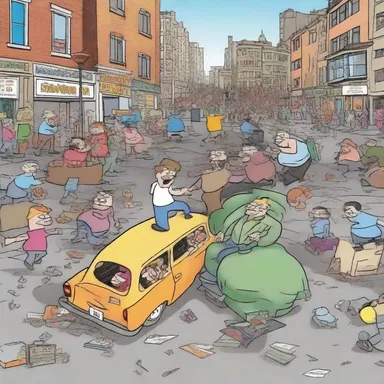 In the cartoon, a rabble of characters were causing chaos in the city.