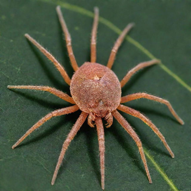 A highly detailed, magnified image of Tetranychus Urticae (the two-spotted spider mite) showcasing its distinct eight-legged form, textures, and natural environment on a leaf.