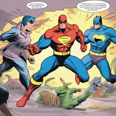 In the comic book, the superhero fights against a rabble of villains.