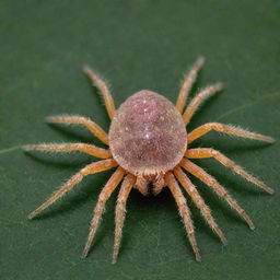 A highly detailed, magnified image of Tetranychus Urticae (the two-spotted spider mite) showcasing its distinct eight-legged form, textures, and natural environment on a leaf.