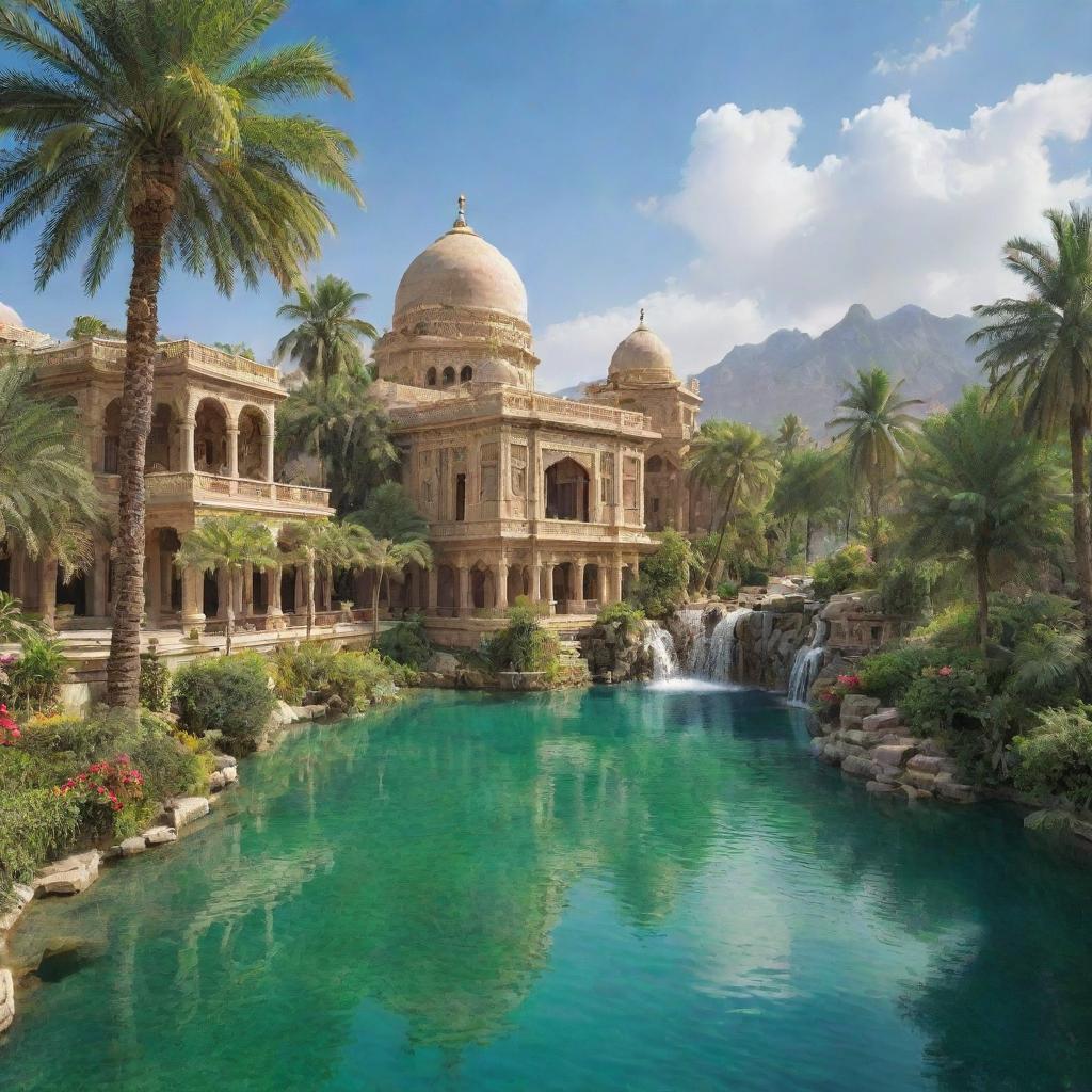 A breathtaking depiction of paradise (Jannat) with lush green gardens, flowing rivers of crystal clear water, radiant skies and beautiful architecture.