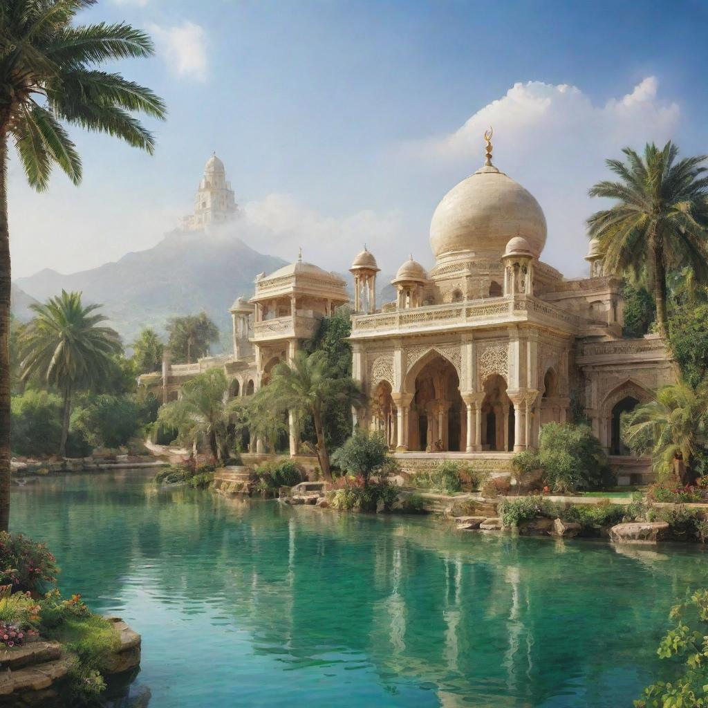 A breathtaking depiction of paradise (Jannat) with lush green gardens, flowing rivers of crystal clear water, radiant skies and beautiful architecture.