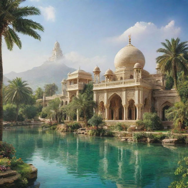 A breathtaking depiction of paradise (Jannat) with lush green gardens, flowing rivers of crystal clear water, radiant skies and beautiful architecture.